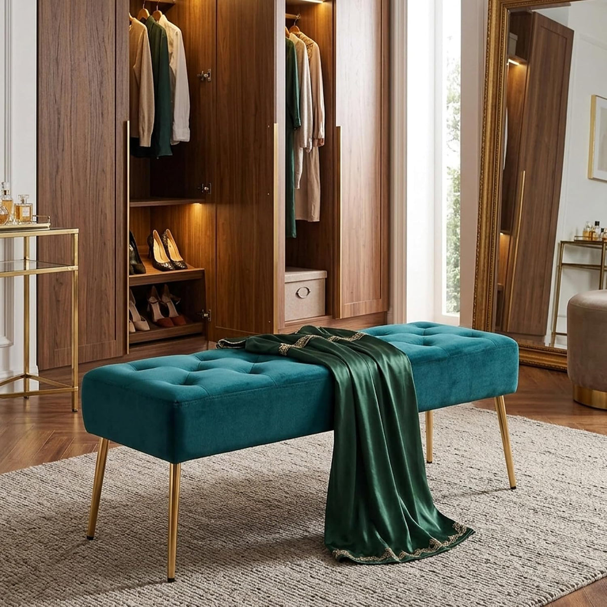 Modern Velvet Bench Ottoman, Upholstered Bedroom Benches