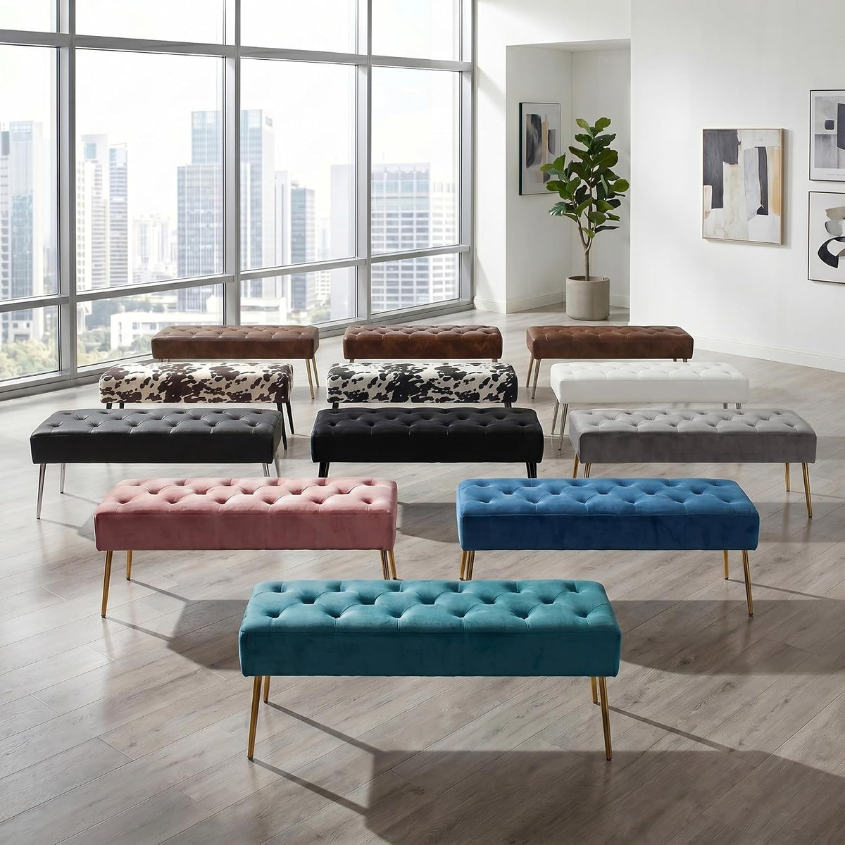 Modern Velvet Bench Ottoman, Upholstered Bedroom Benches