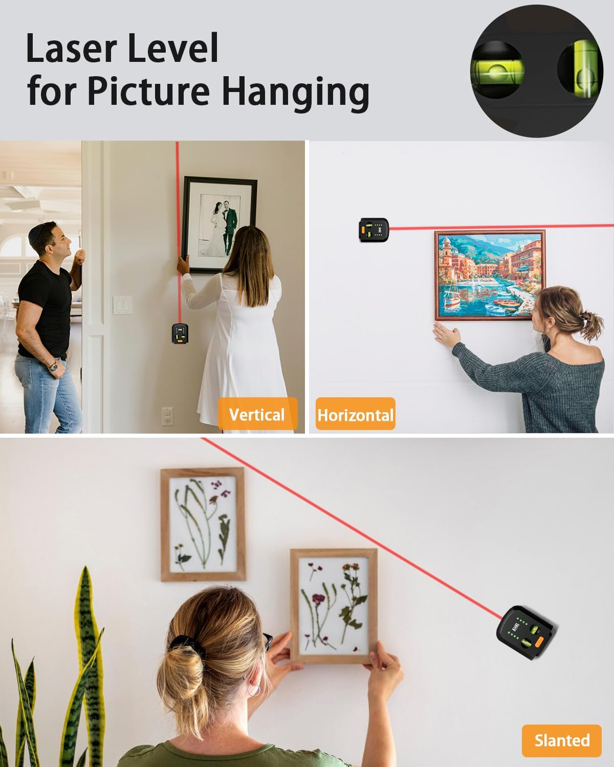 4-In-1 Laser Level for Picture Hanging, Rechargeable Laser Level with Vacuum Suction Mount and Drill Dust Collector, Wall Alignment Tool for Shelves, Frames, Home Improvement, DIY Projects