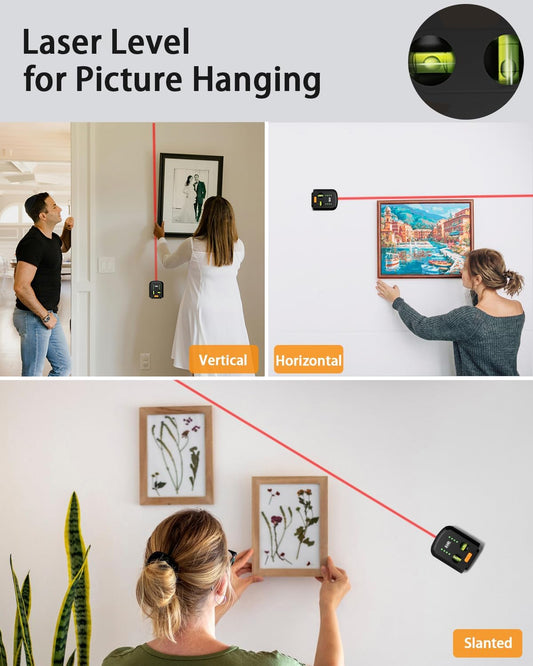 4-In-1 Laser Level for Picture Hanging, Rechargeable Laser Level with Vacuum Suction Mount and Drill Dust Collector, Wall Alignment Tool for Shelves, Frames, Home Improvement, DIY Projects