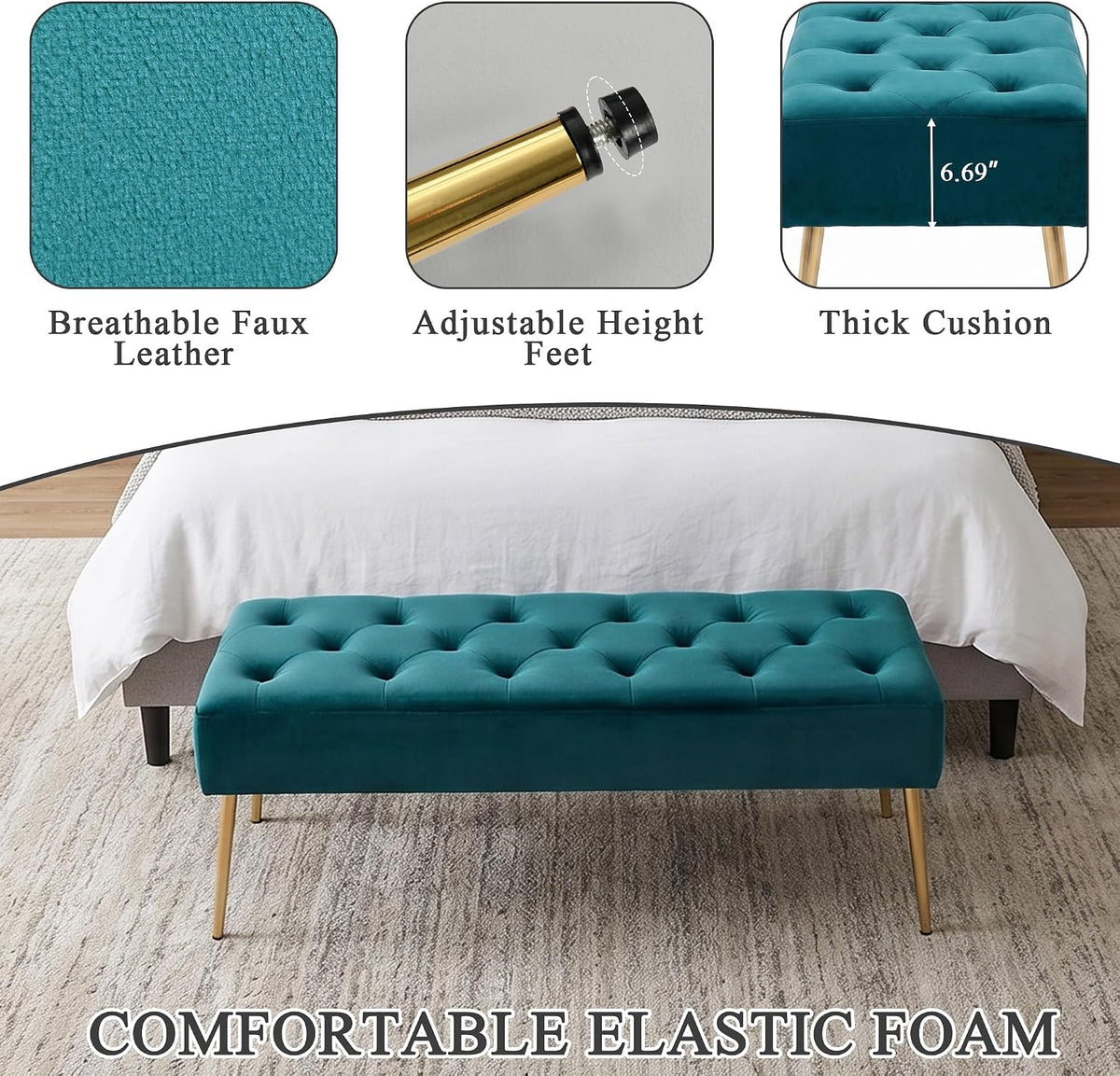 Modern Velvet Bench Ottoman, Upholstered Bedroom Benches